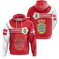Red pullover hoodie: Denmark crest, DENMARK text, white stripe sleeves