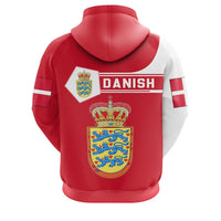 Red pullover hoodie back with DANISH banner and large coat of arms