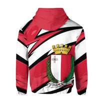 Hoodie back view in red/white/black with Malta crest shield, laurel wreath, and text