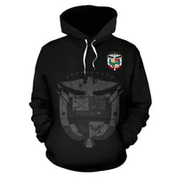 Black pullover hoodie with colorful crest and shield eagle graphic on the chest