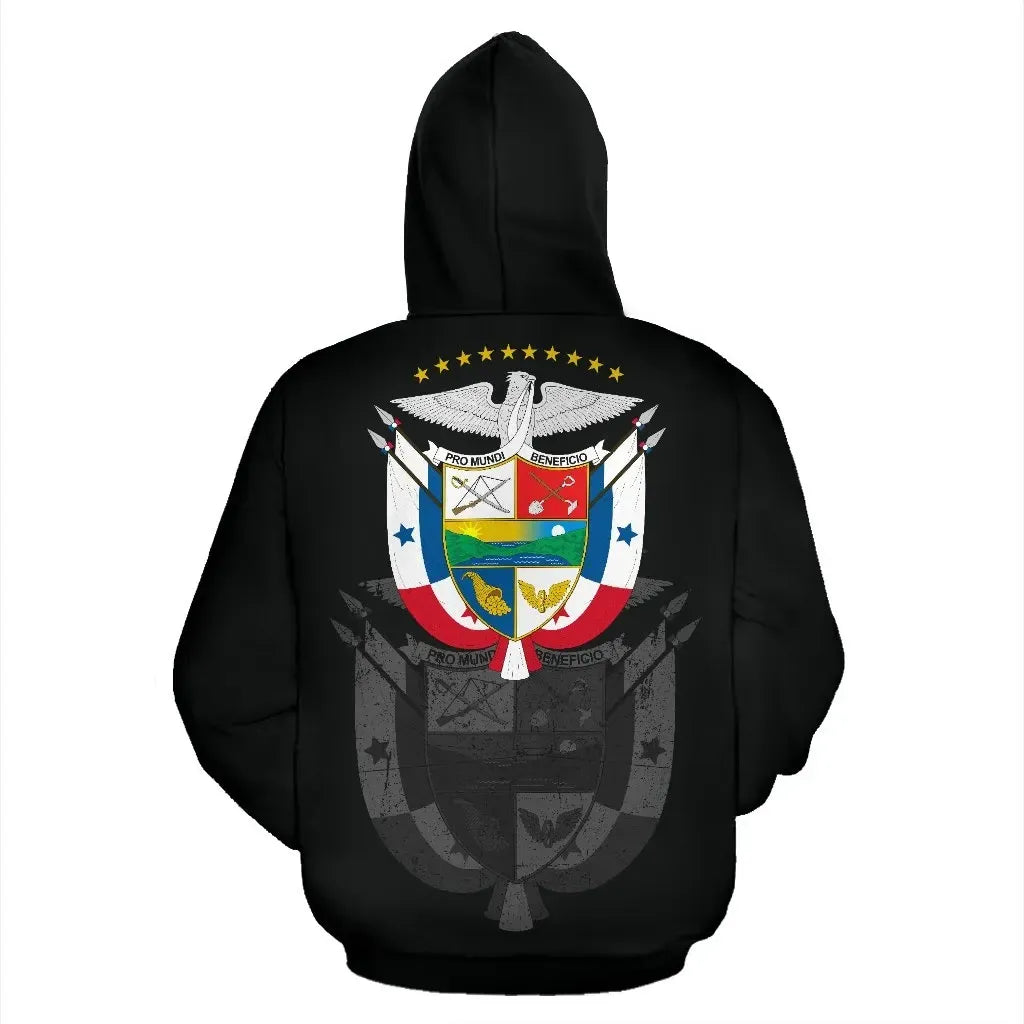 Black pullover hoodie back view with large crest, wings, and gold star arch graphic