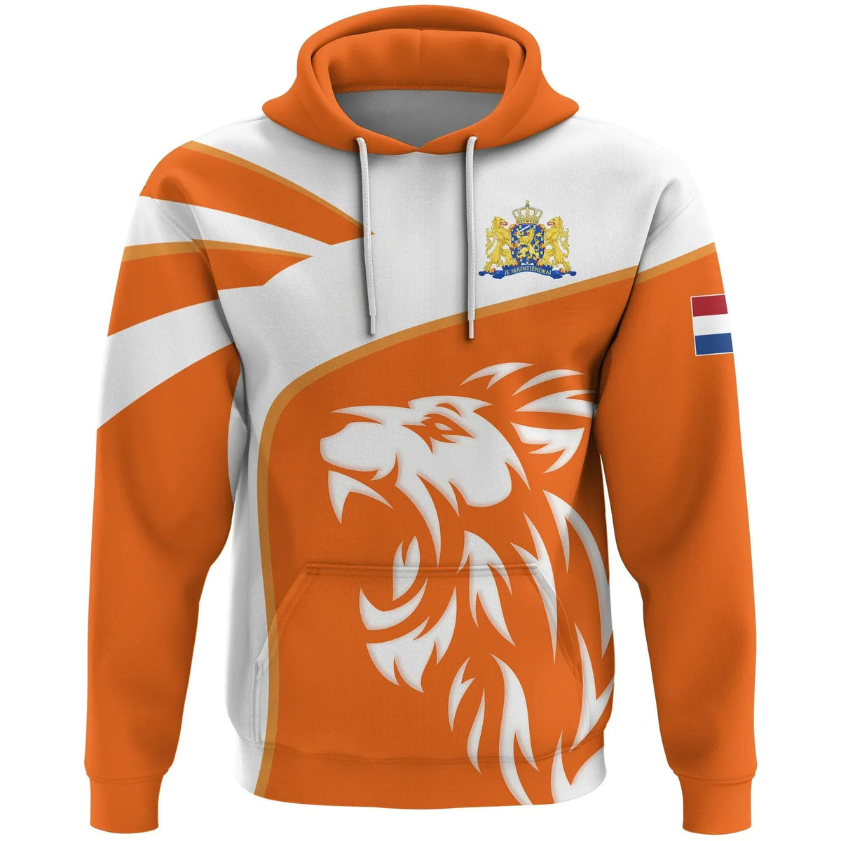 Orange and white pullover hoodie with Netherlands lion crest and flag stripes