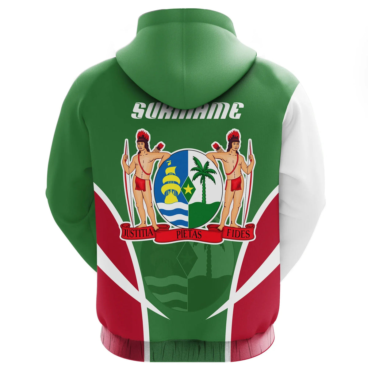 Back of green pullover hoodie with Suriname crest graphic and drawstring hood