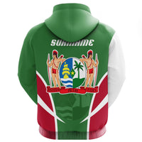 Back of green pullover hoodie with Suriname crest graphic and drawstring hood