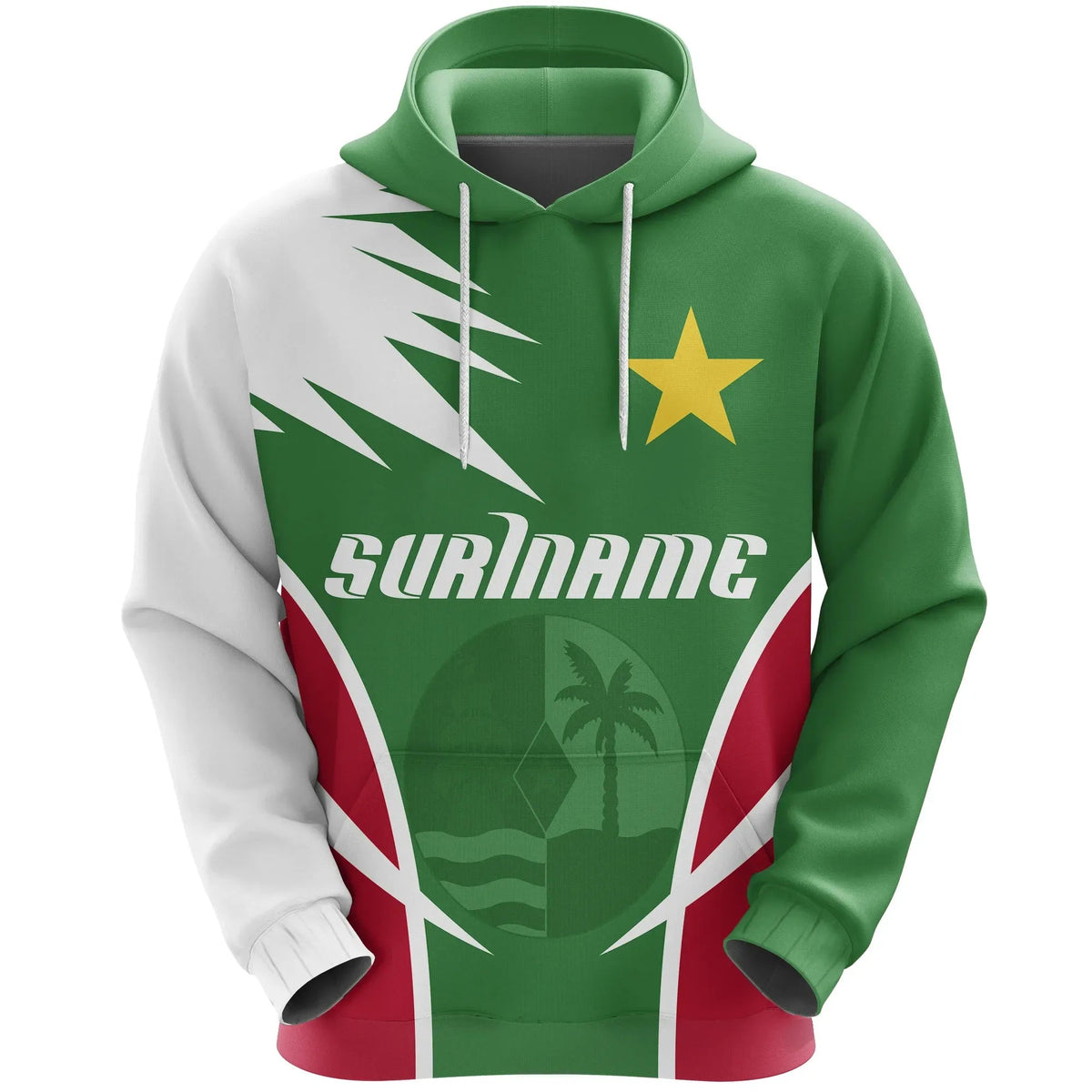 Green pullover hoodie with Suriname chest graphic, drawstring hood and kangaroo pocket