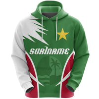 Green pullover hoodie with Suriname chest graphic, drawstring hood and kangaroo pocket