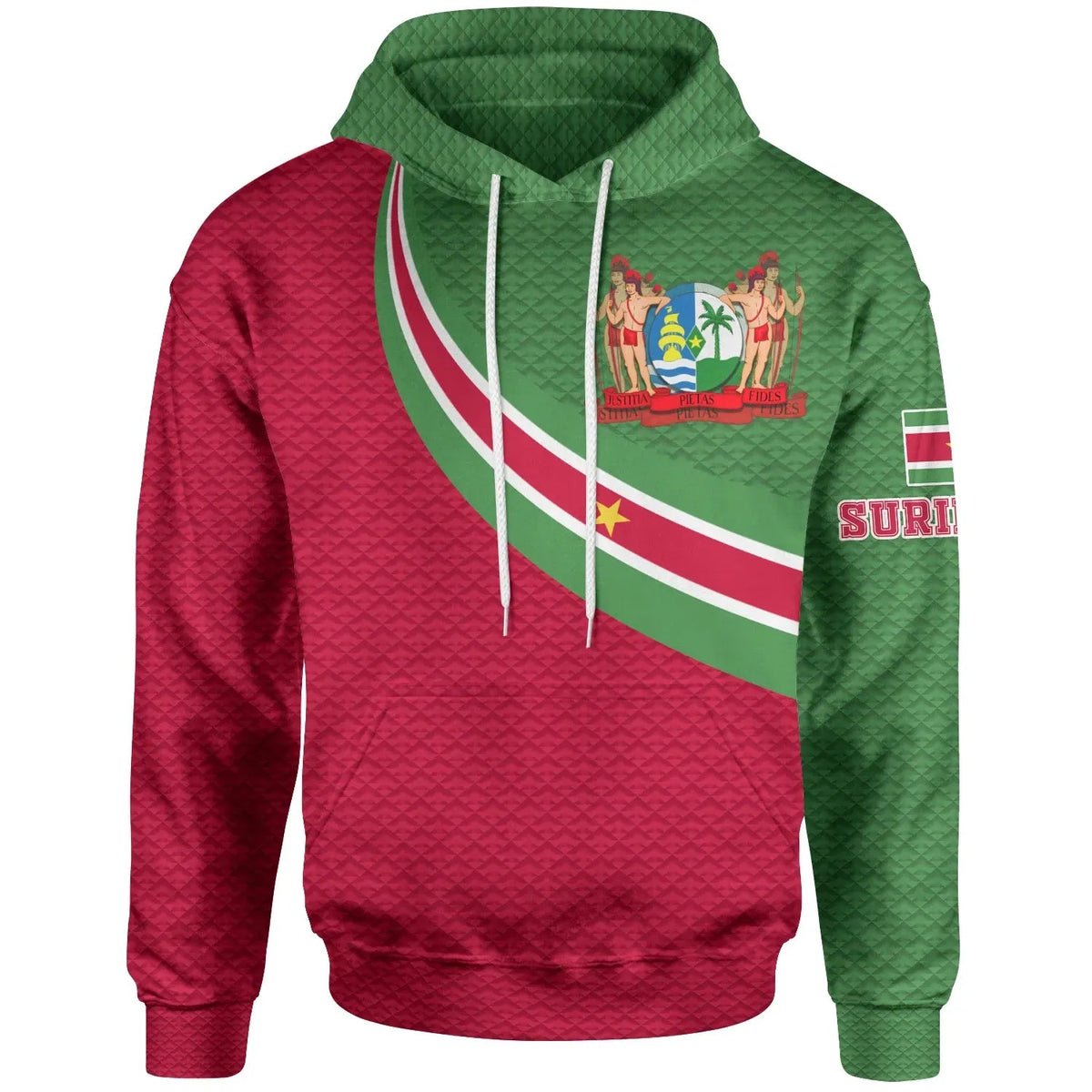 Green and burgundy pullover hoodie with Suriname flag print, drawstring hood, front
