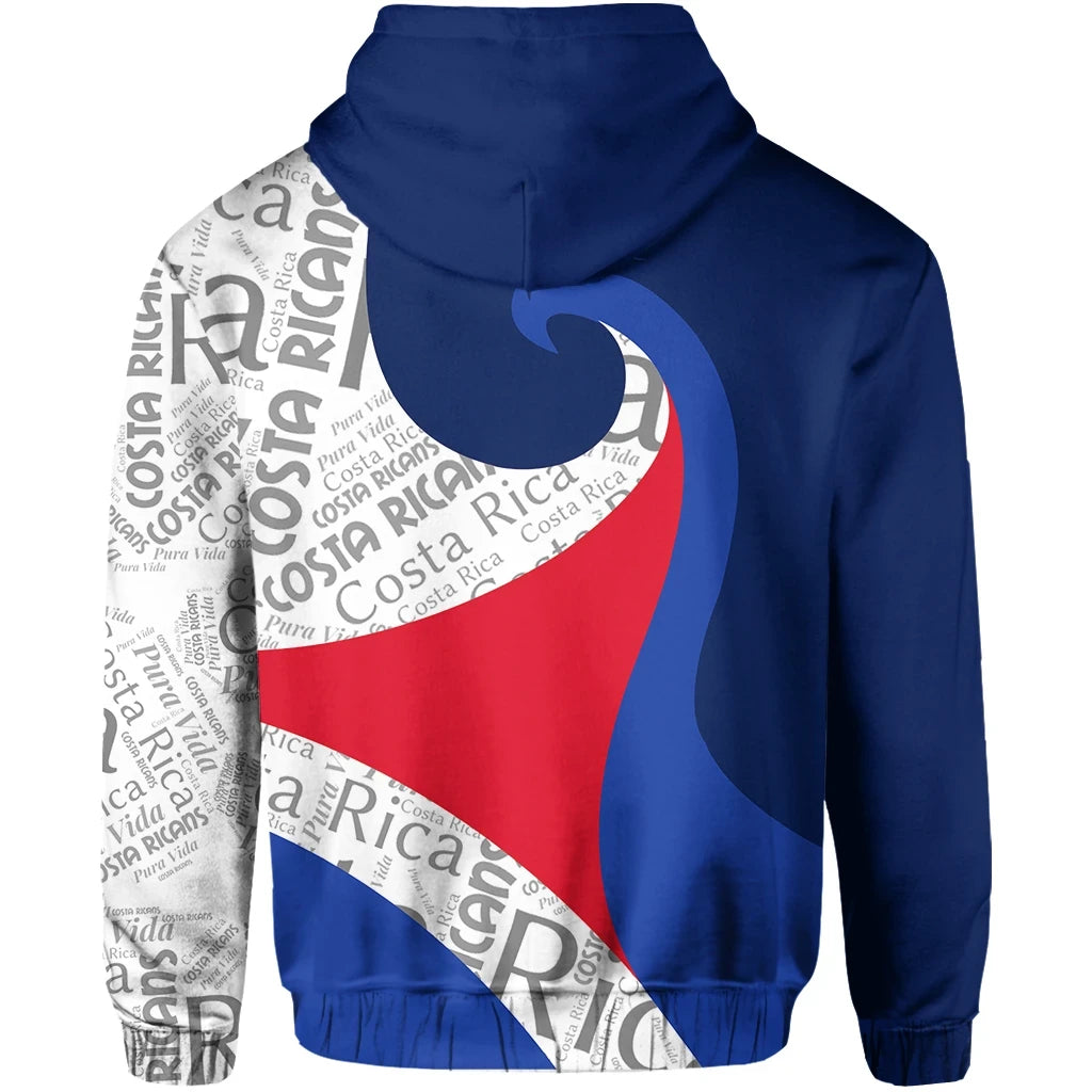 Blue pullover hoodie back with large Costa Rica flag graphic and hood
