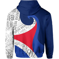Blue pullover hoodie back with large Costa Rica flag graphic and hood
