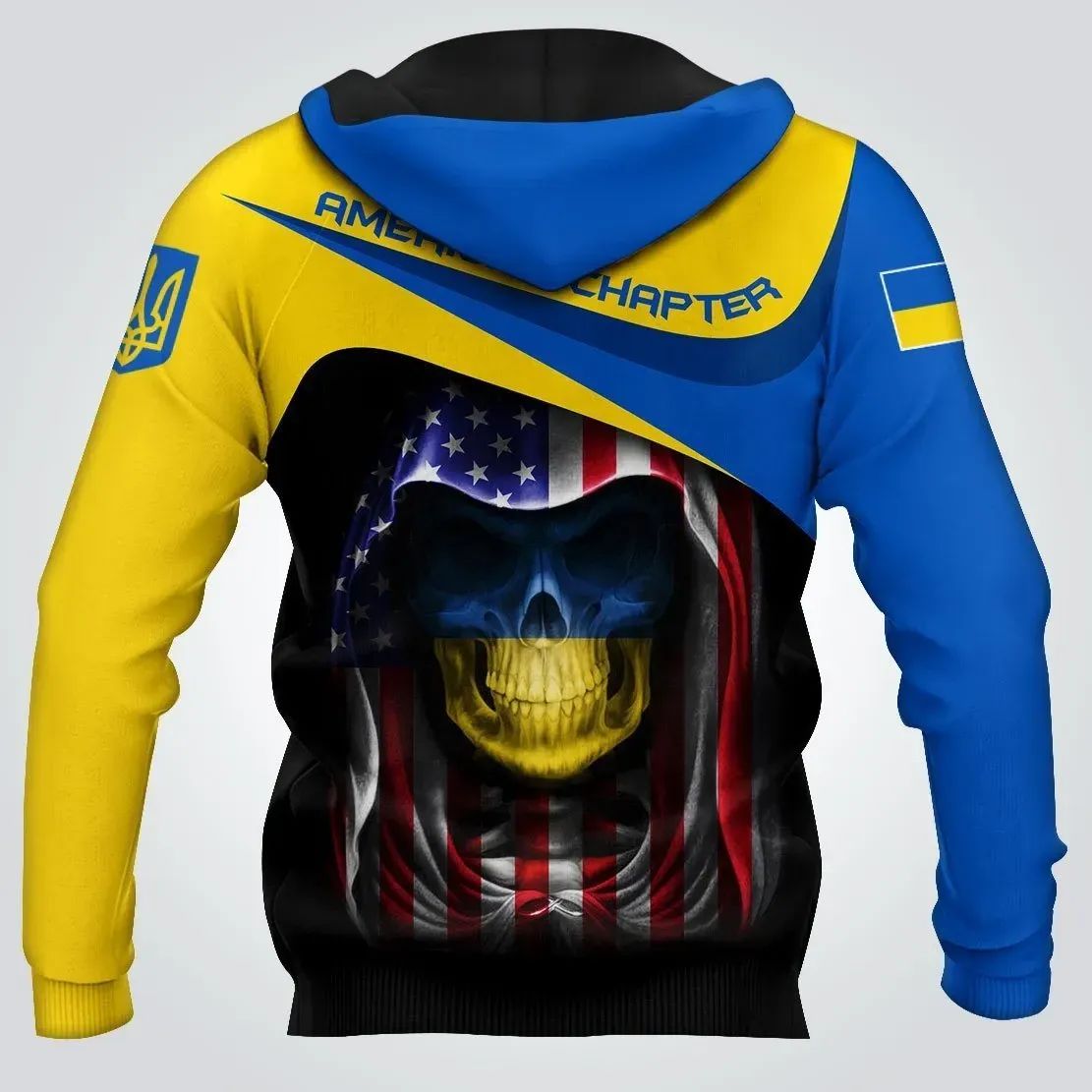 Pullover hoodie, full 3D skull-and-flag print on blue/yellow with hood and pocket