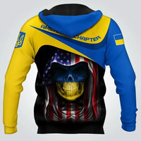 Pullover hoodie, full 3D skull-and-flag print on blue/yellow with hood and pocket