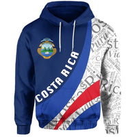 Blue pullover hoodie with Costa Rica diagonal flag print and chest crest emblem