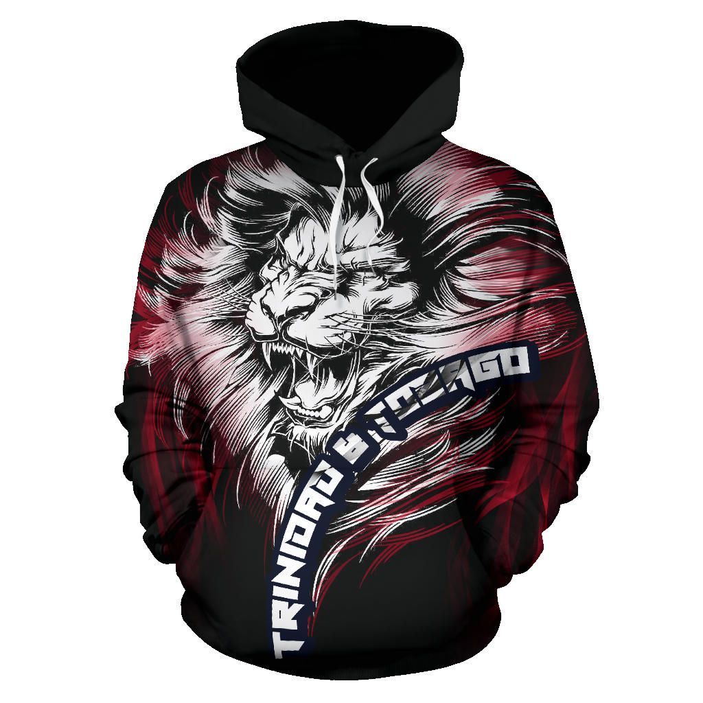 Black pullover hoodie with large red-and-black lion graphic, blue diagonal lettering