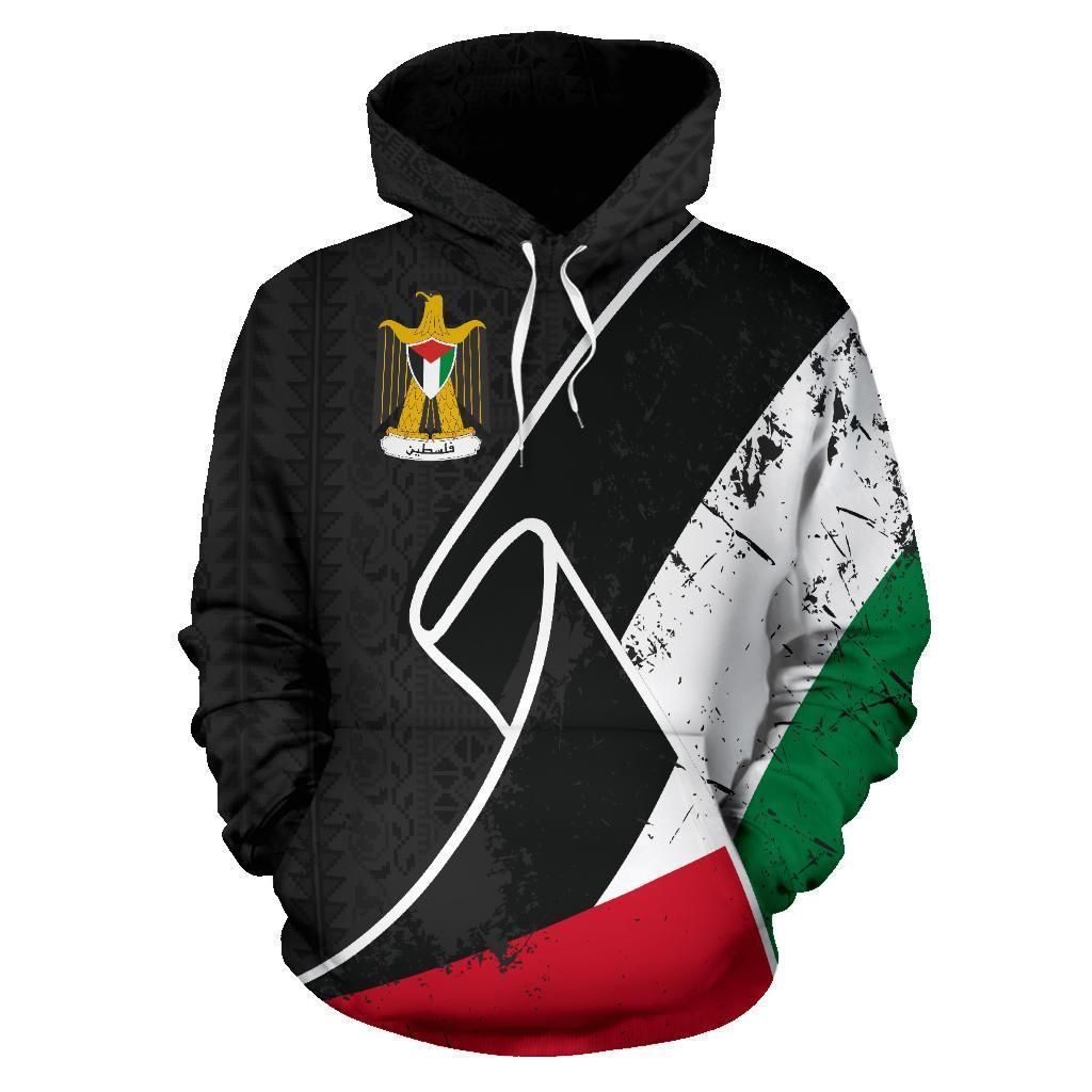 Black pullover hoodie, Palestine flag grunge diagonal sleeves with red base and white center
