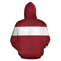 Latvia flag striped hoodie back view, red and white horizontal bands