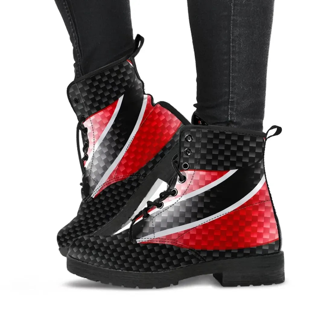 Black lace-up ankle boots with checker pattern, red & white diagonal stripes