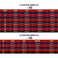 Size chart for all over print hoodies (LD), unisex and kid measurements in centimeters
