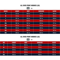 Size chart for all over print hoodies (LD), unisex and kid measurements in inches