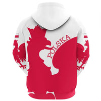 Pullover hoodie with Poland flag graphic on back, white hood and red lower panel