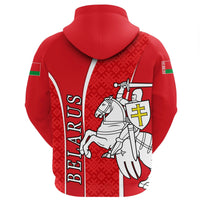 Red pullover hoodie back with vertical “BELARUS” text and knight shield graphic