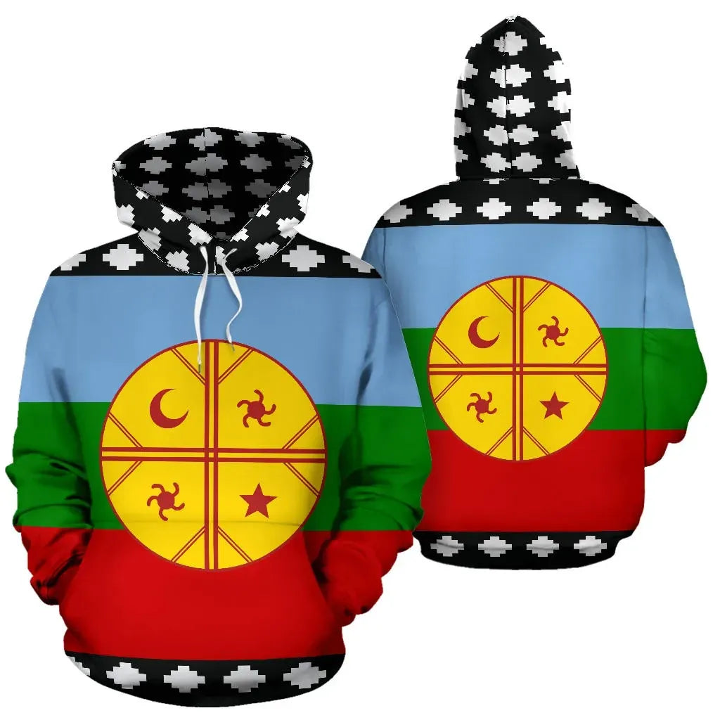 Pullover hoodie with full-flag graphic; black pixel hood; front and back view.