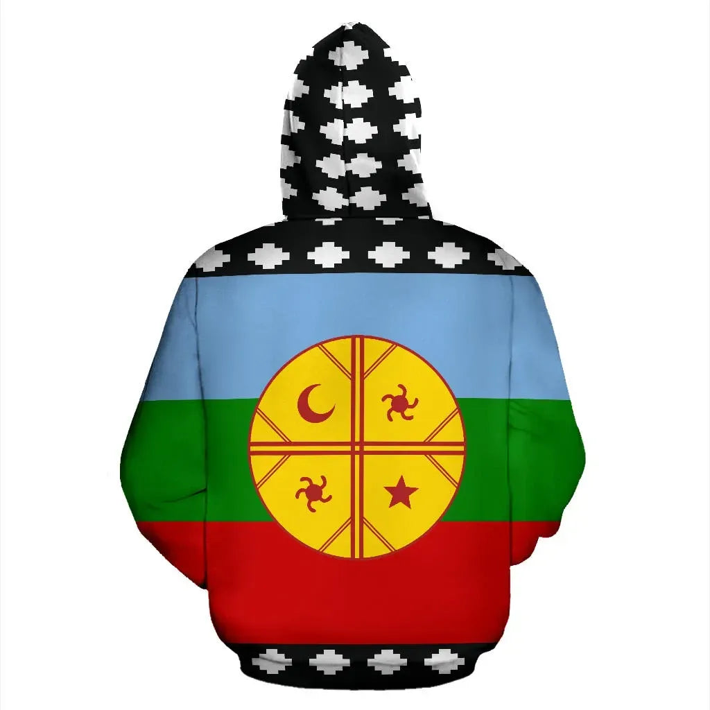 Pullover hoodie with full-flag print; black pixel hood; large yellow emblem on back.