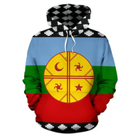 Pullover hoodie with full-flag print; black pixel hood; large yellow emblem front.