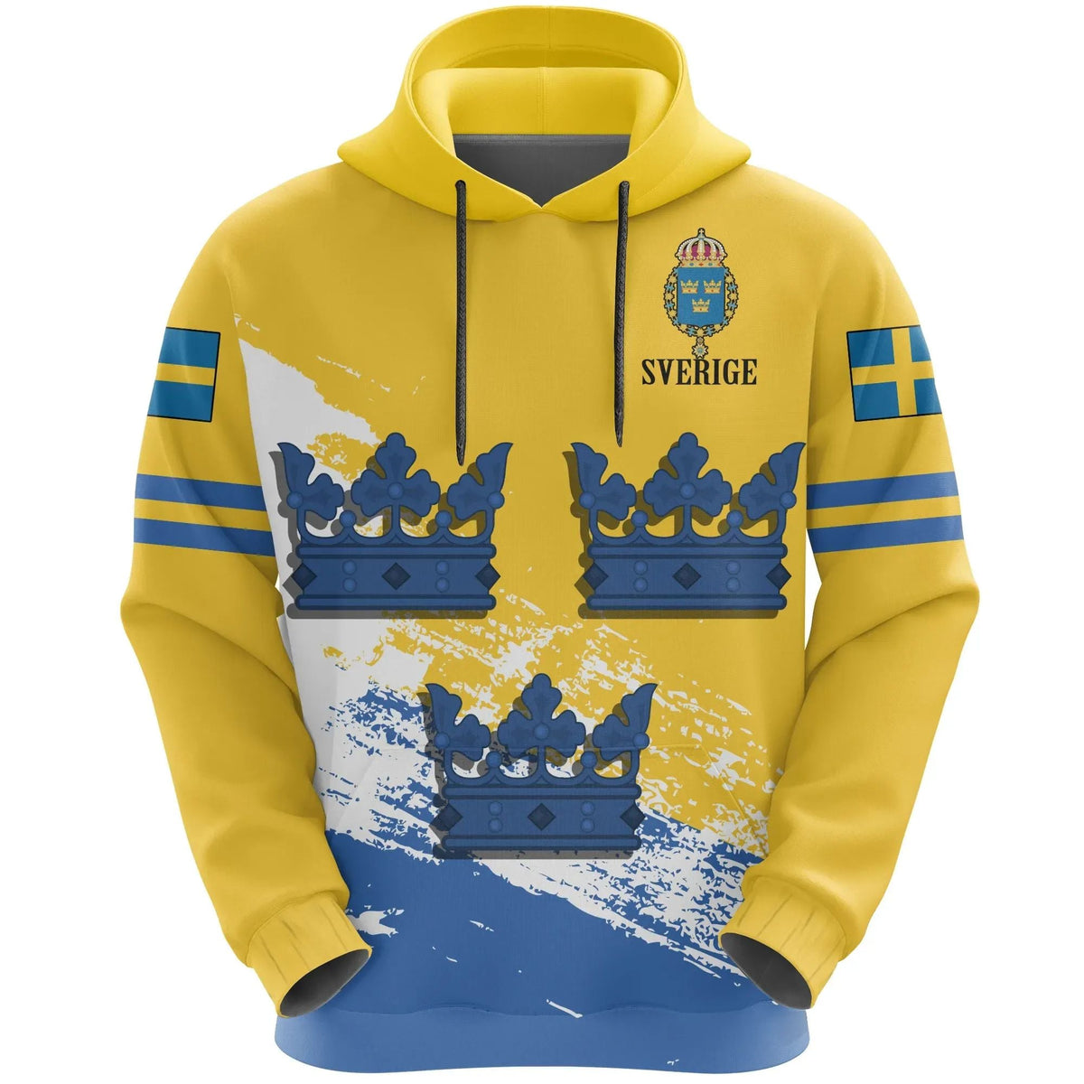 Yellow pullover hoodie with Sweden crest and three crowns graphic on front