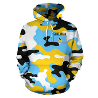 Pullover hoodie with blue/yellow/white camouflage and 'SAINT LUCIA' chest logo