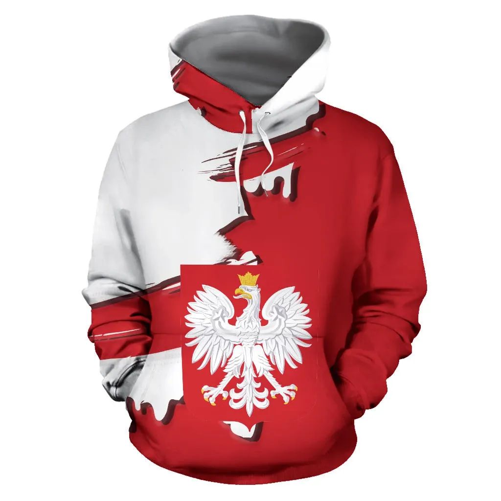 Pullover hoodie with red body and large white eagle crest on center, hood up
