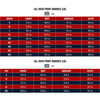 Size chart for all over print hoodies (LD) in inches and cm: unisex and kid measurements