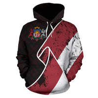 Latvia grunge flag pullover hoodie, maroon black and white diagonal graphic, hood