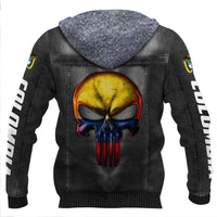 Black hoodie pullover with hood, 3D skull graphic and Colombia sleeve flag patches
