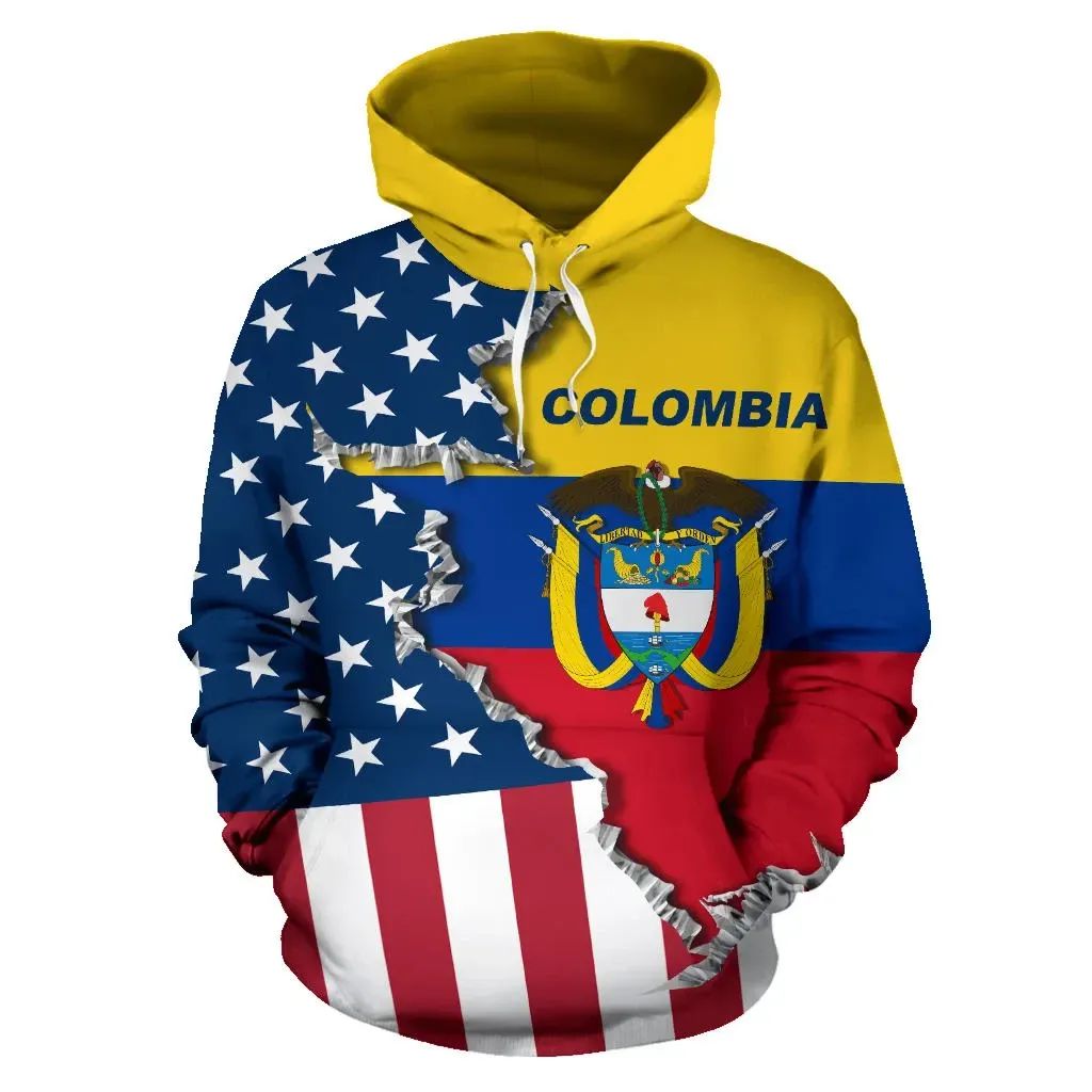Yellow pullover hoodie with Colombia text and flag graphic front, hood with drawstrings