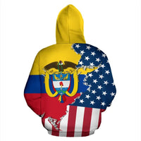 Yellow hoodie back view with Colombia crest and US flag stars stripes graphic