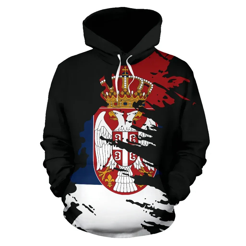 Black pullover hoodie with Serbia crest graphic: crown and eagle on chest