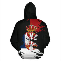 Black pullover hoodie back view with Serbia crest: crown and eagle flag print