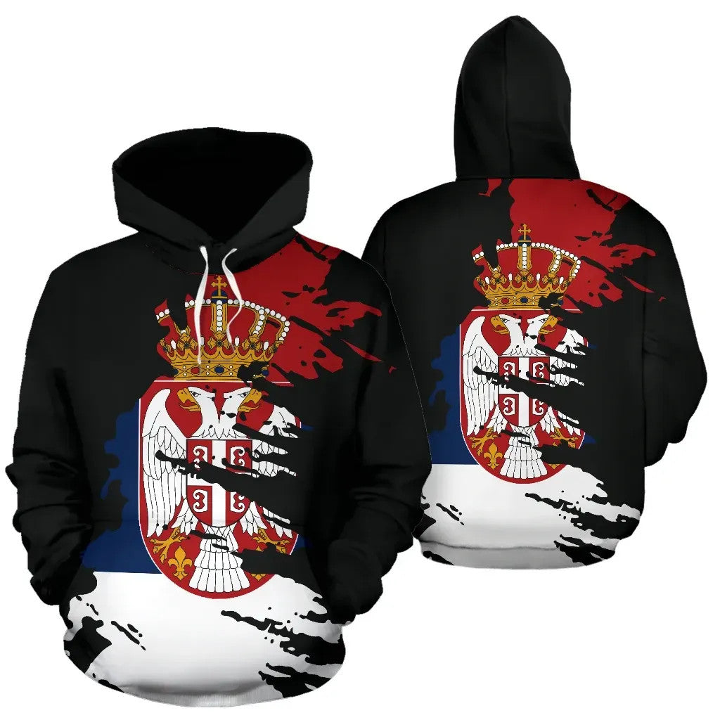 Black pullover hoodie front and back with Serbia crest crown-eagle graphic