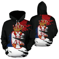 Black pullover hoodie front and back with Serbia crest crown-eagle graphic