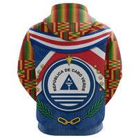 Blue pullover hoodie with Cape Verde circular badge, back view