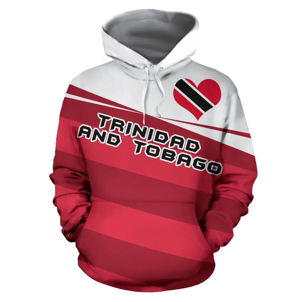 Pullover hoodie with red/white stripes and Trinidad & Tobago coat of arms graphic