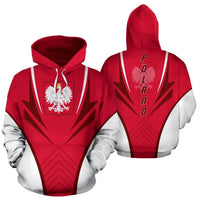 Two red Polish hoodie coats, front eagle crest and back 'POLAND' vertical print