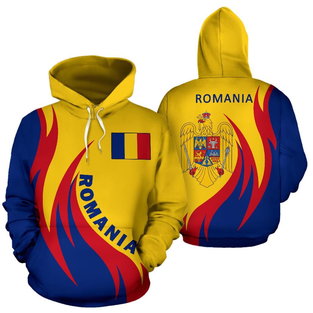 Yellow hoodie front and back views with Romania flag and coat of arms, flame graphics