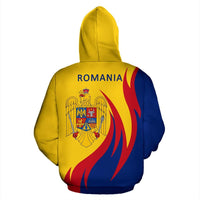 Yellow back hoodie with Romania coat of arms graphic, blue/red flame pattern, hood