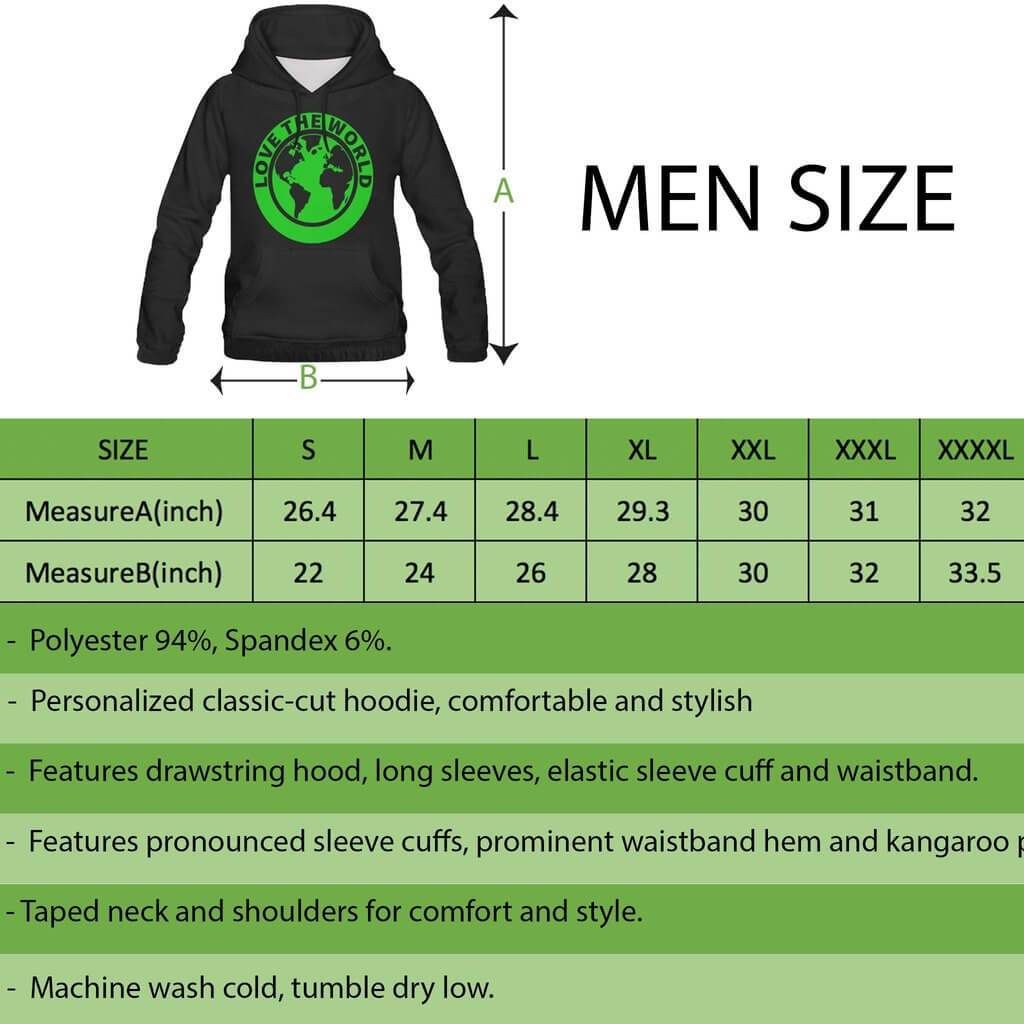 Black hoodie with green round Love the world logo, front view; men size chart shown