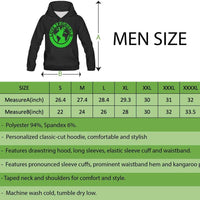 Black hoodie with green round Love the world logo, front view; men size chart shown