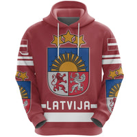 Red Latvia hockey pullover hoodie with large crest and drawstring hood