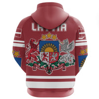 Red Latvia hockey pullover hoodie back view with crest and striped sleeve details
