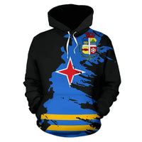 Black pullover hoodie with Aruba painting graphic front, drawstring hood, star and crest