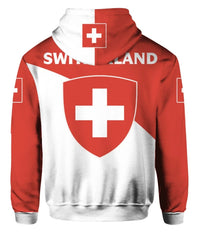Red pullover hoodie back with white shield cross and 'SWITZERLAND' lettering